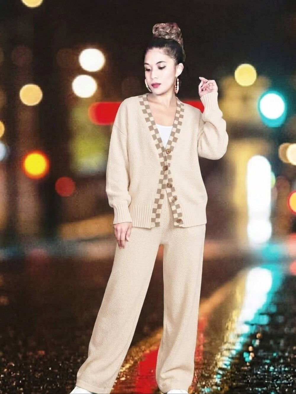 2pcs Cozy Cream Knit Cardigan & Pants Set